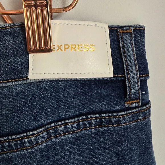 Express Curvy High Waisted Dark Wash Ripped Flare Stretch Denim Jeans Size 12 - Picture 7 of 10